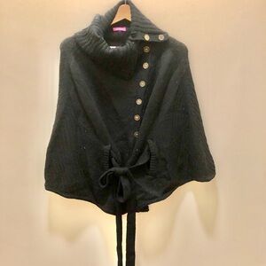 Anthropologie Lara Kazan Black Wool Buttoned Poncho Cape with Tie Waist